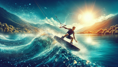 Man riding wakeboard on the lake. Mixed media. Mixed media