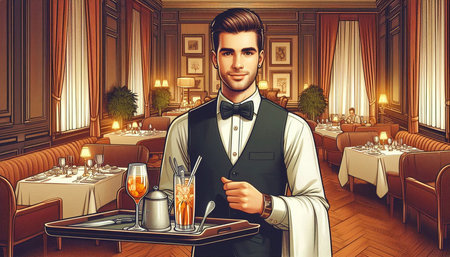 Portrait of a handsome waiter in a restaurant. Toned image.
