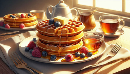 Breakfast with waffles, honey and berries on a wooden tableの写真素材