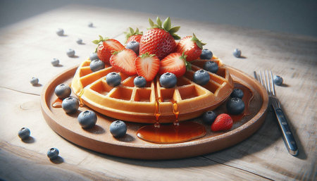 waffles with strawberries and blueberries on a wooden plate, closeupの写真素材