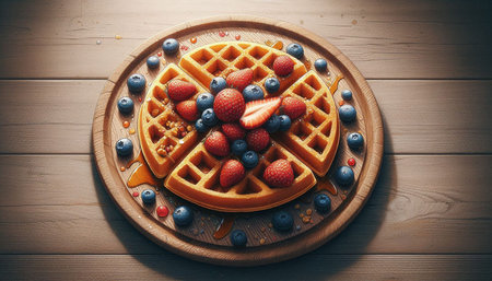 Belgian waffles with fresh berries on wooden background. Toned.