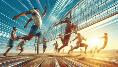 Volleyball players in action on a sunny day. Mixed mediaの写真素材