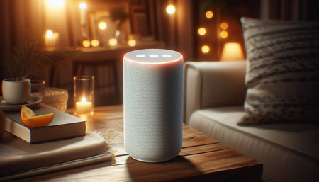 White speaker on a wooden table in the interior of the living room
