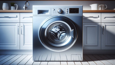 Washing machine in the kitchen. 3D rendering. Toned image.