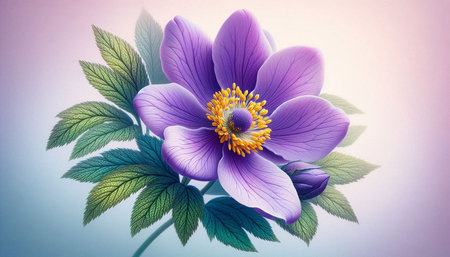 Purple flower of anemone with green leaves on a light background