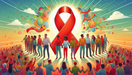 World Aids Day concept. Crowd of people with red ribbon. Vector illustration