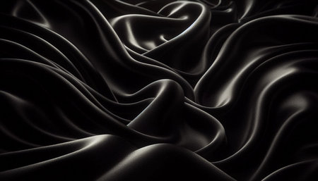 Closeup of rippled black silk fabric background. 3d render illustrationの写真素材