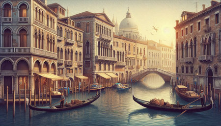 Gondolas on Grand Canal in Venice, Italy. Digital paintingの写真素材