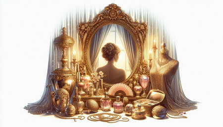 3d illustration of a woman in front of a mirror with antique objectsの写真素材