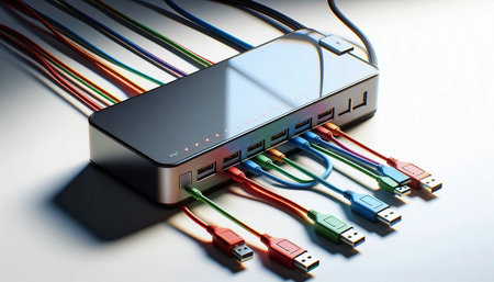 Close-up of network cables connected to a router. Technology concept
