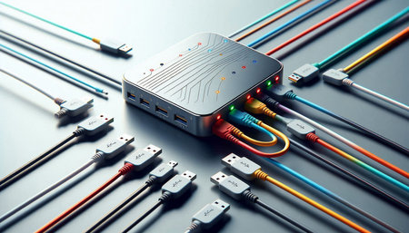close-up of network cables and microcircuits on grey background