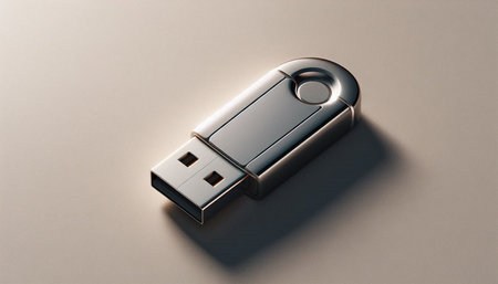 Silver USB flash drive on a gray background. 3D illustration.