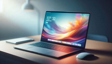 Laptop on the table, close-up. 3d rendering.