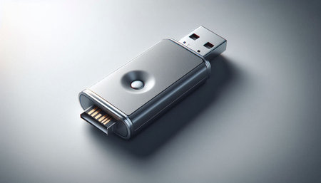 Silver USB flash drive on a grey background. 3d illustration.