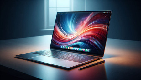 Laptop on the table with colorful background. 3d rendering.