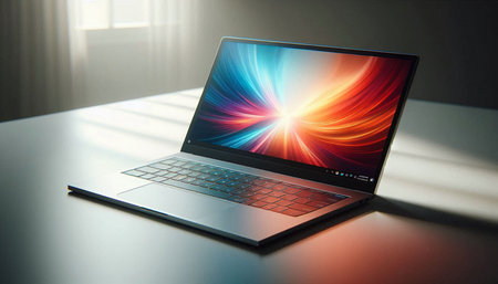 Laptop with colorful screen on the table, close-up.
