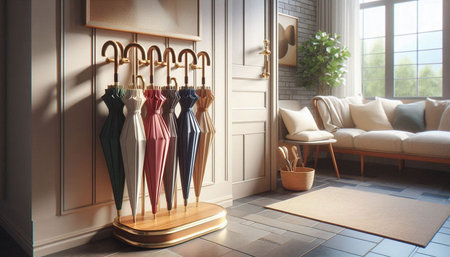 Umbrella rack with different colored umbrellas in modern room. 3d renderingの写真素材