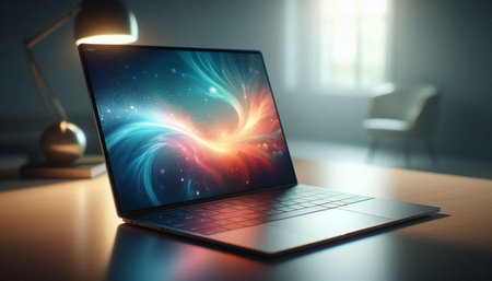 Laptop with abstract colorful design on the screen. 3d rendering