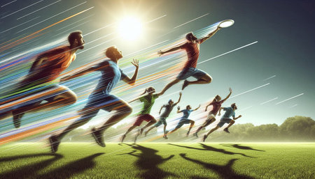 Group of people running and jumping on a green field. Mixed media