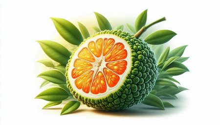 Sliced orange with green leaves isolated on white background. 3d illustration