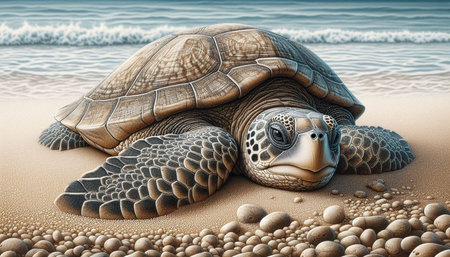3D rendering of a green sea turtle on the seashoreの写真素材