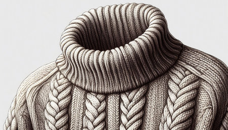 close up of a beige knitted turtleneck sweater on a white background