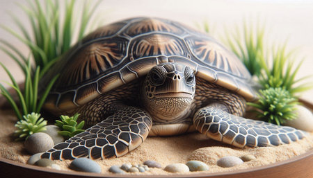 Tortoise on a wooden plate with succulents and stones