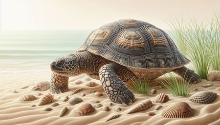 3d rendering of a tortoise in the sand with seashells