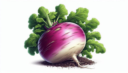 Red turnip with green leaves isolated on white background. Vector illustration.