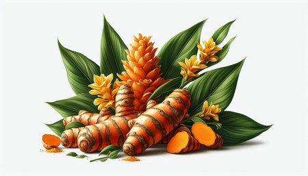Turmeric root with leaves and flower on white background, vector illustration