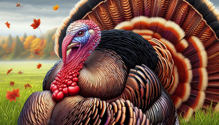 3D rendering of a turkey in the autumn season with fallen leaves