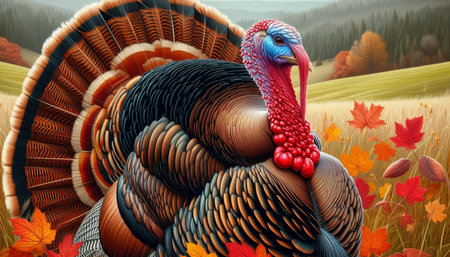 3D rendering of a turkey in the autumn landscape with colorful leavesの写真素材