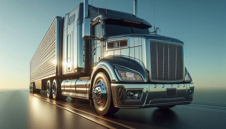 Truck on the road at sunset. 3D rendering. 3D illustration.