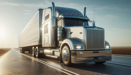 A modern semi-trailer truck on the highway. 3d rendering