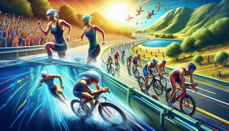 Cyclists racing on the road at sunset, 3d illustration