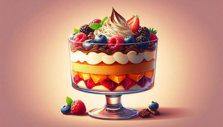 Colorful cake with berries in a glass vase on a beige backgroundの写真素材