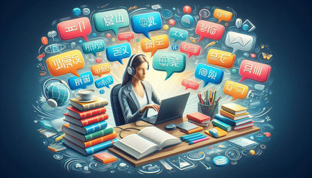 Conceptual image of young woman in hijab using laptop while sitting at table with colorful social...