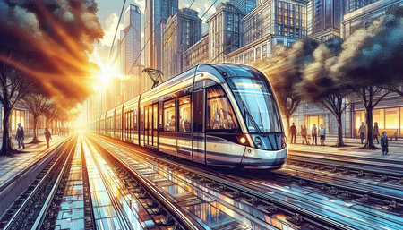 Modern high-speed train in the city at sunset. 3D rendering
