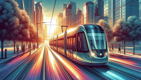 Modern tram in the city at sunset. 3d rendering toned imageの写真素材