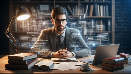 Businessman sitting at his desk with laptop and books in his hands