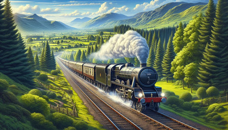 Steam locomotive in the mountains. Digital painting. 3D illustration.
