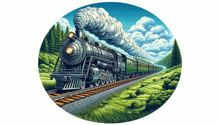 Steam locomotive on the track in the mountains. Vector illustration.