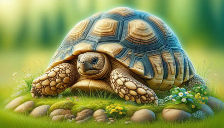 Tortoise on the grass with flowers. 3d illustration.の写真素材