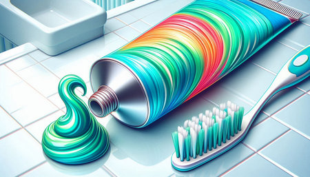 Toothpaste and toothbrushes in bathroom. 3d illustration