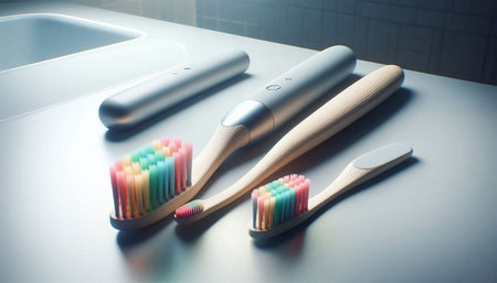 Toothbrushes on the table in the bathroom, dental careの写真素材