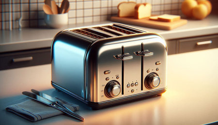 Modern toaster on the kitchen table. 3d render illustration.