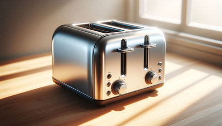 Modern toaster on the wooden table. 3d render illustration.
