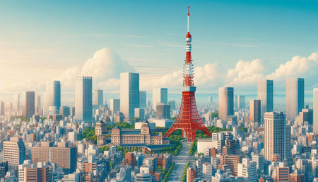 Tokyo Tower, Tokyo Skyline, Japan. 3D renderingの写真素材