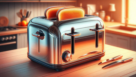 3d illustration of stainless steel toaster on wooden table in kitchen