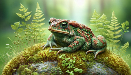 Green frog sitting on a rock covered with moss and fernsの写真素材